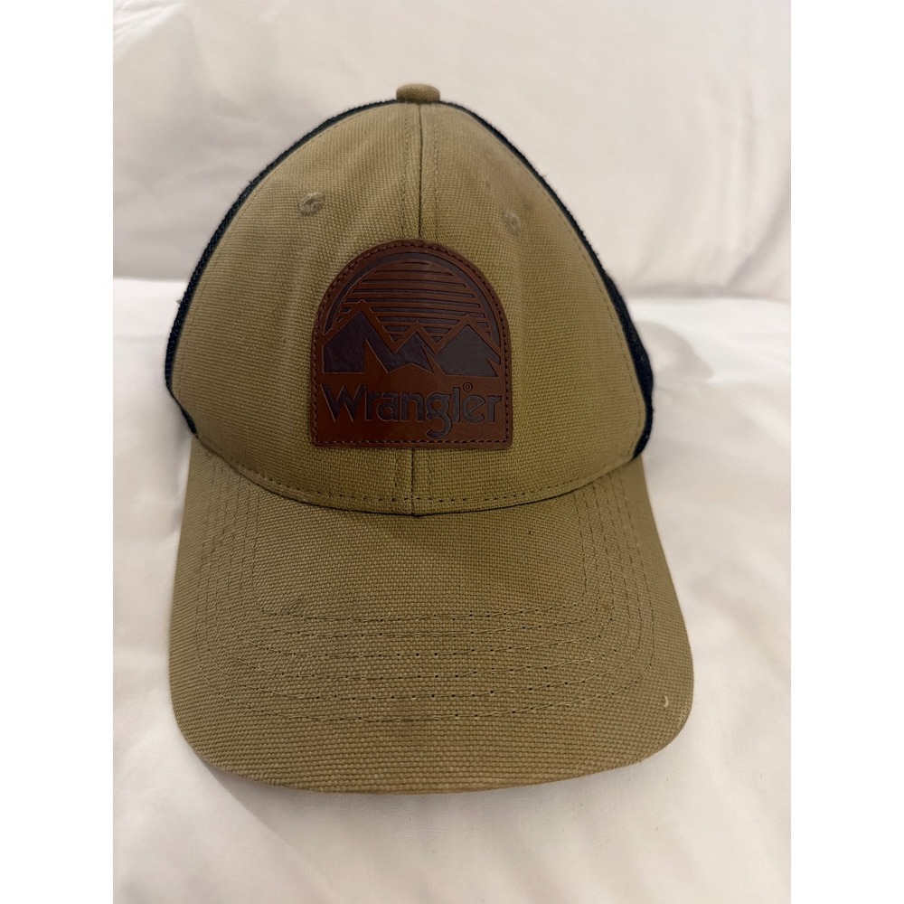 Wrangler Mens Trucker Hat Khaki Tan Black Mesh Mountain‎ Logo Patch Snapback Cap
